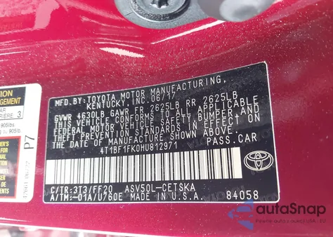 2017 Toyota Camry Se z USA, uszkodzony, nr VIN 4T1BF1FK0HU812971